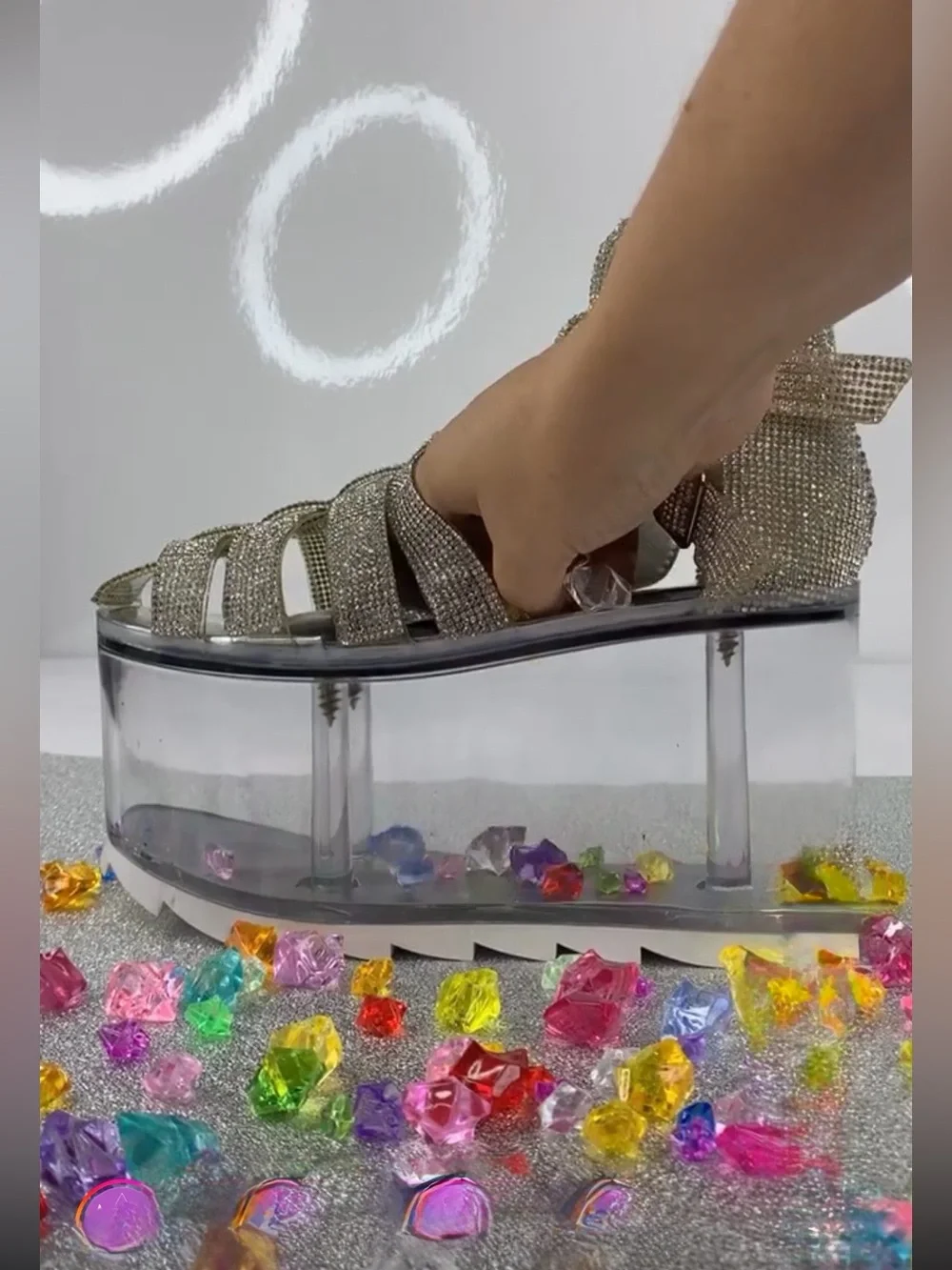 Rhinestone Sparkle Platform Sandals Clear Fillable bottom Shoes Size 9 Fun